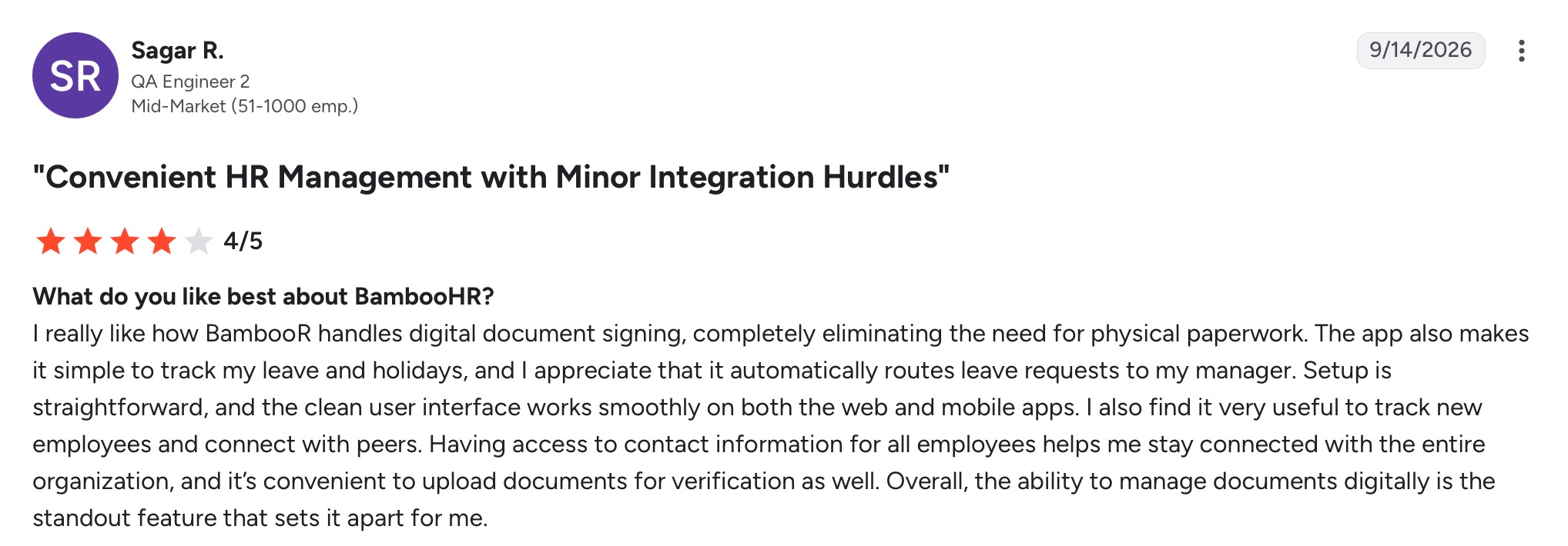 a screenshot of four-star review of bamboohr from G2