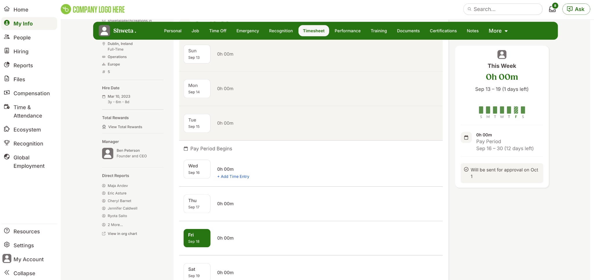 a timesheet view in bamboohr