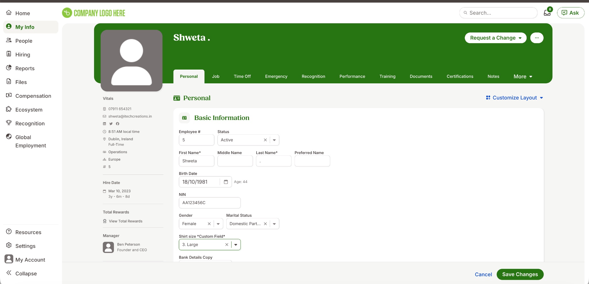 a screenshot of employee profile in bamboohr