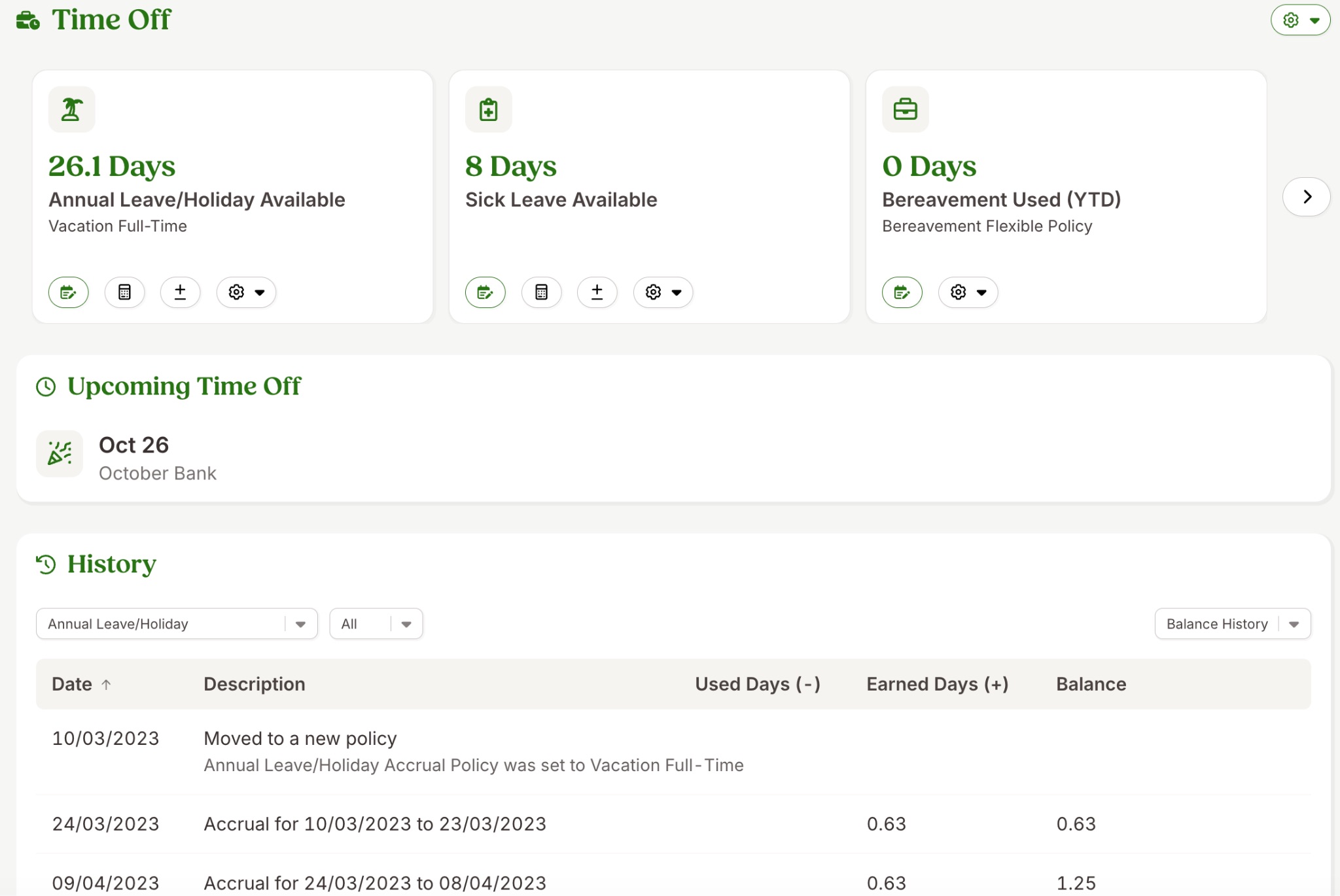 a screenshot of time off report in bamboohr