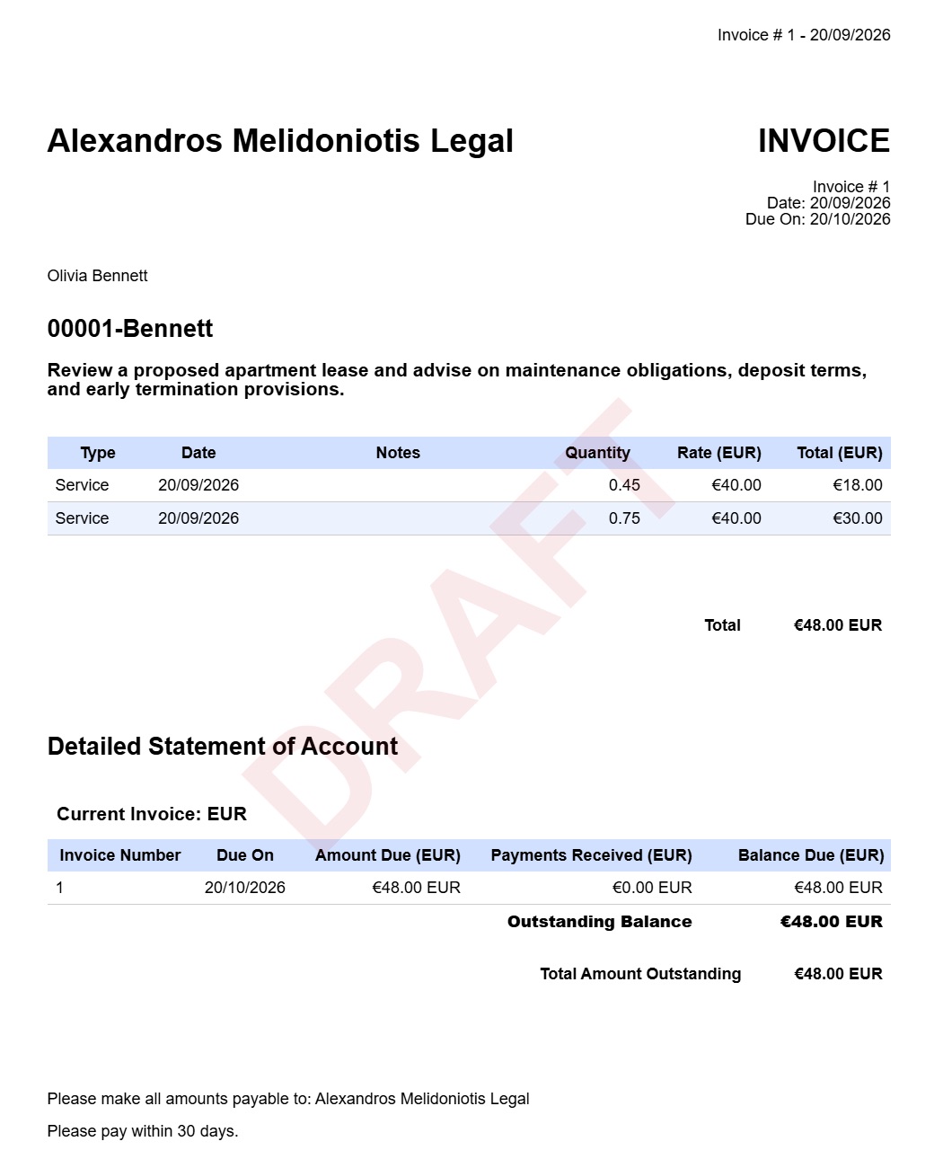 an invoice generated in Clio