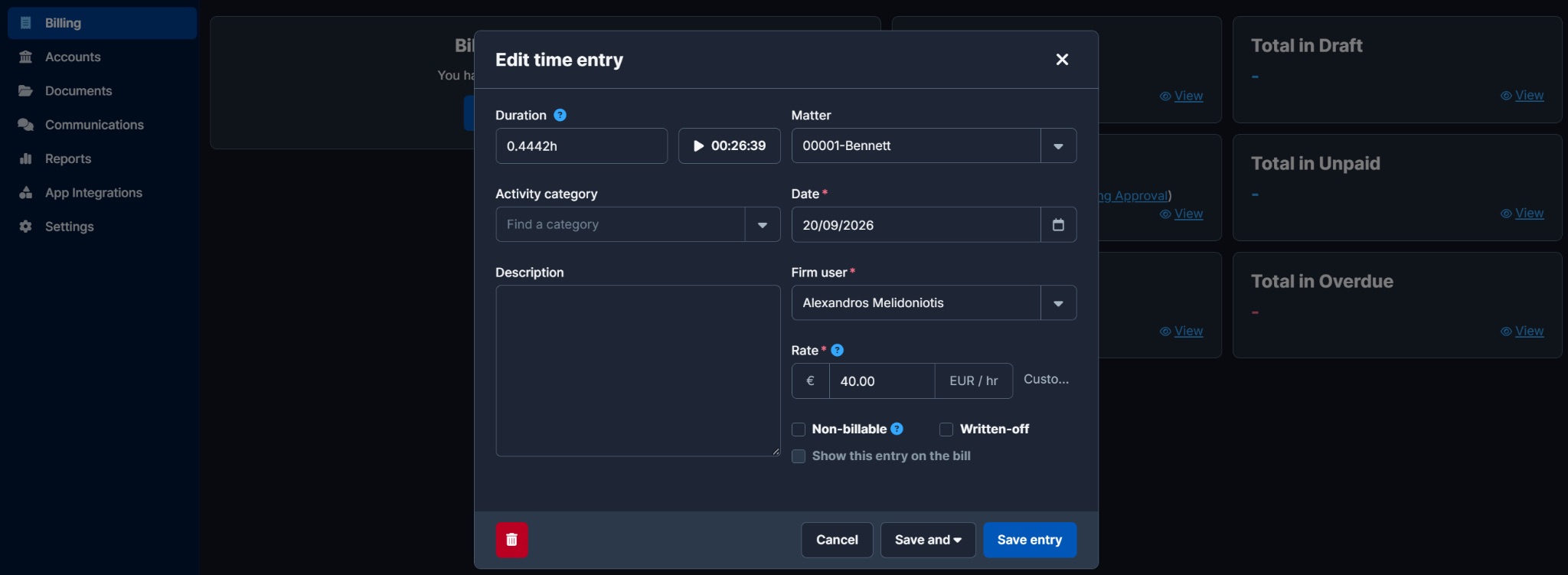 Time entries under Clio's Activities tab