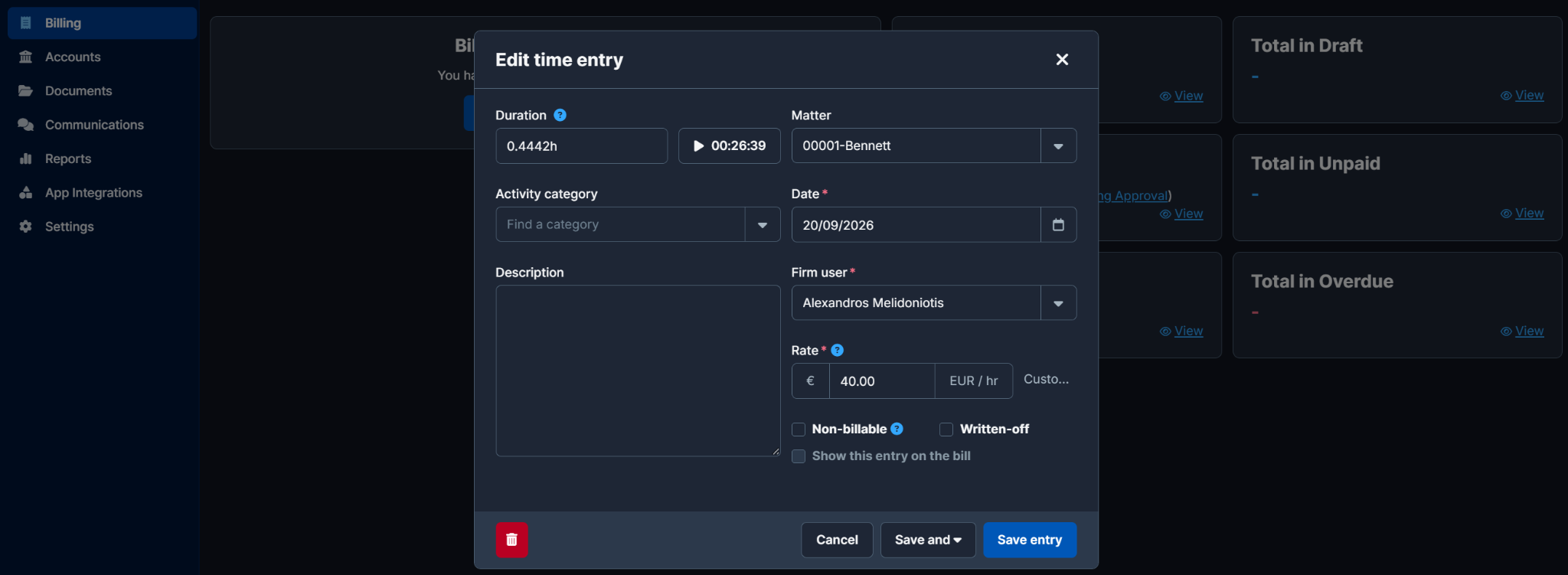 editing a single time entry in Clio