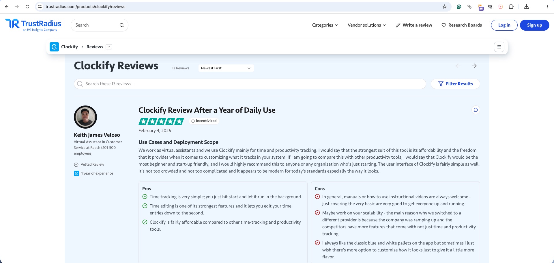 a screenshot of clockify review from trustradius