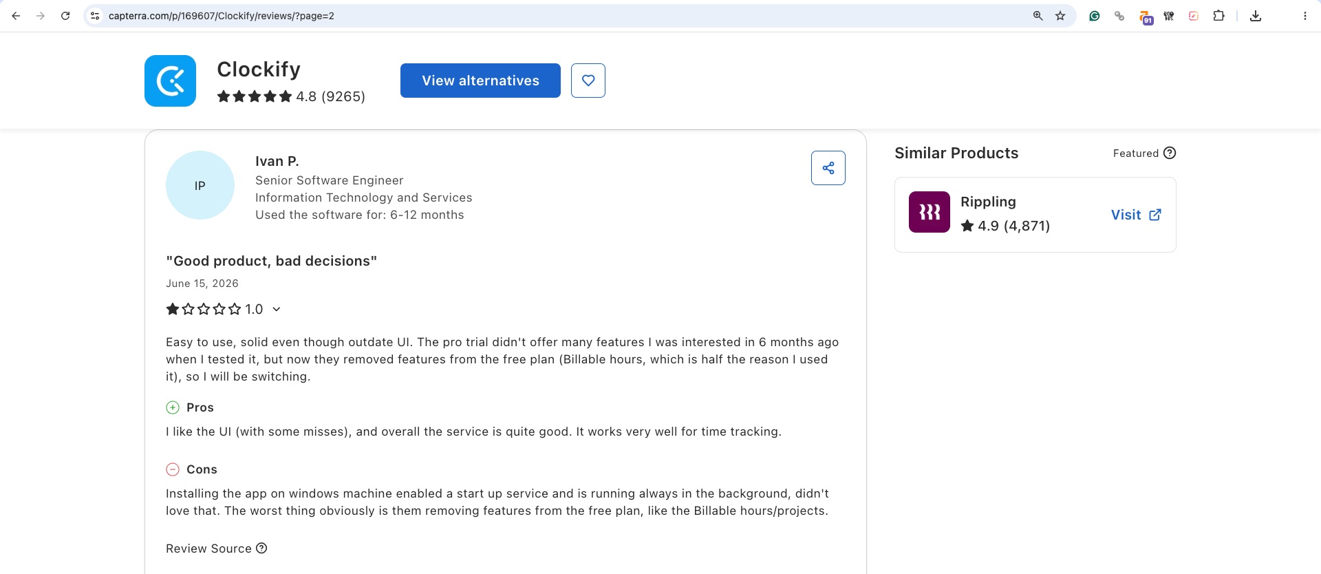 a screenshot of clockify review from Capterra