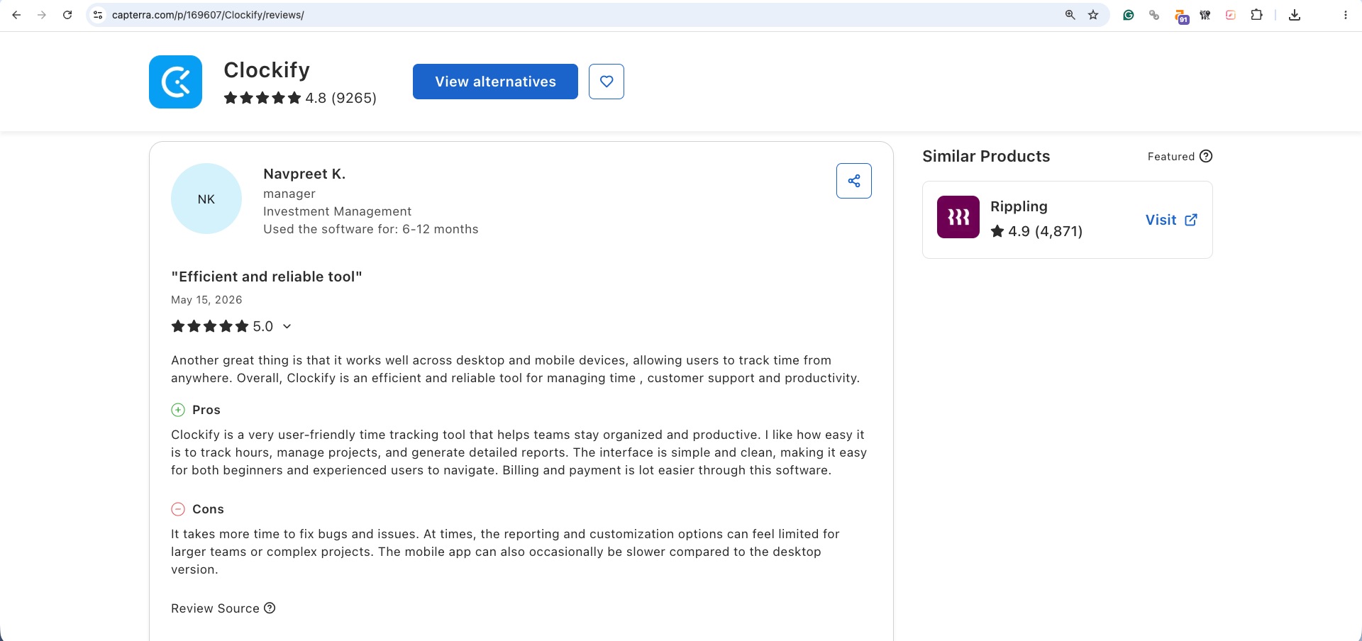 a screenshot of clockify review from Capterra