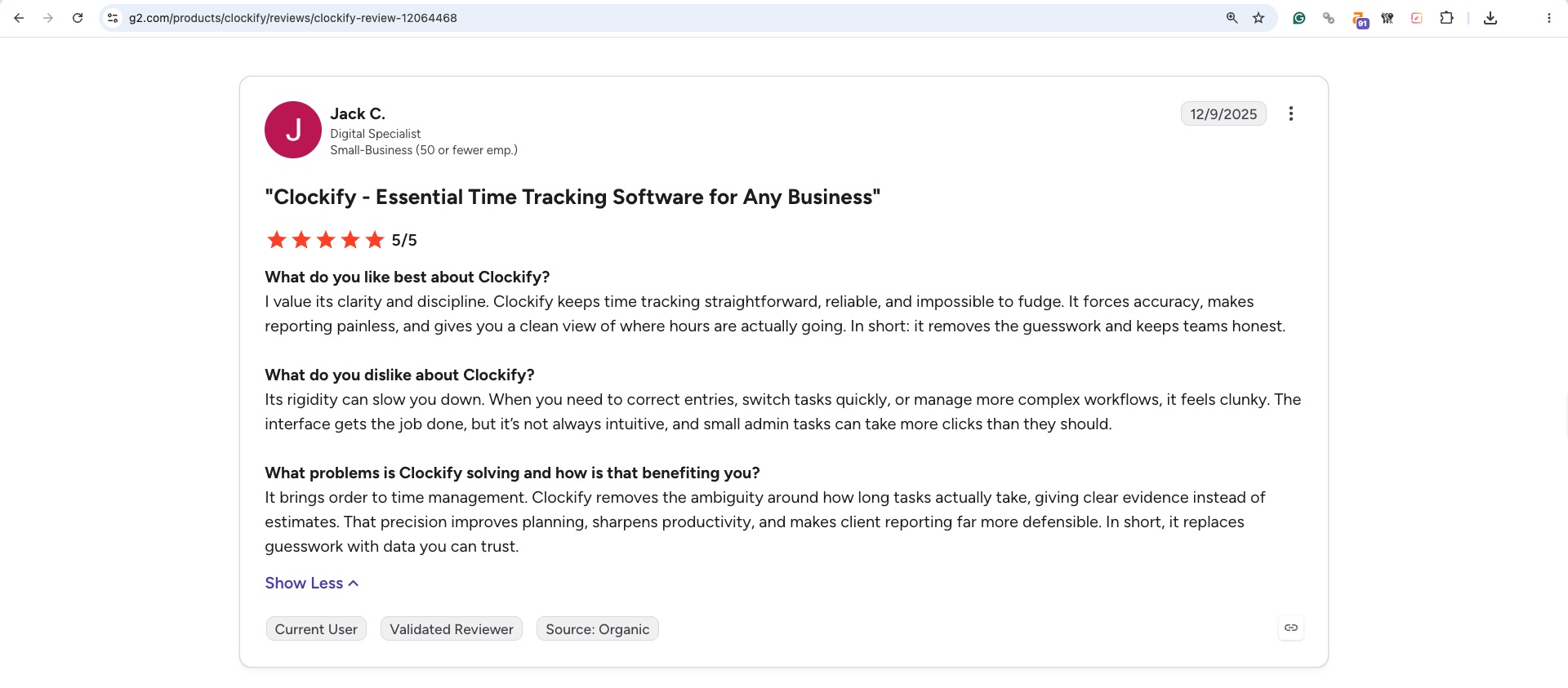 a screenshot of clockify review from G2