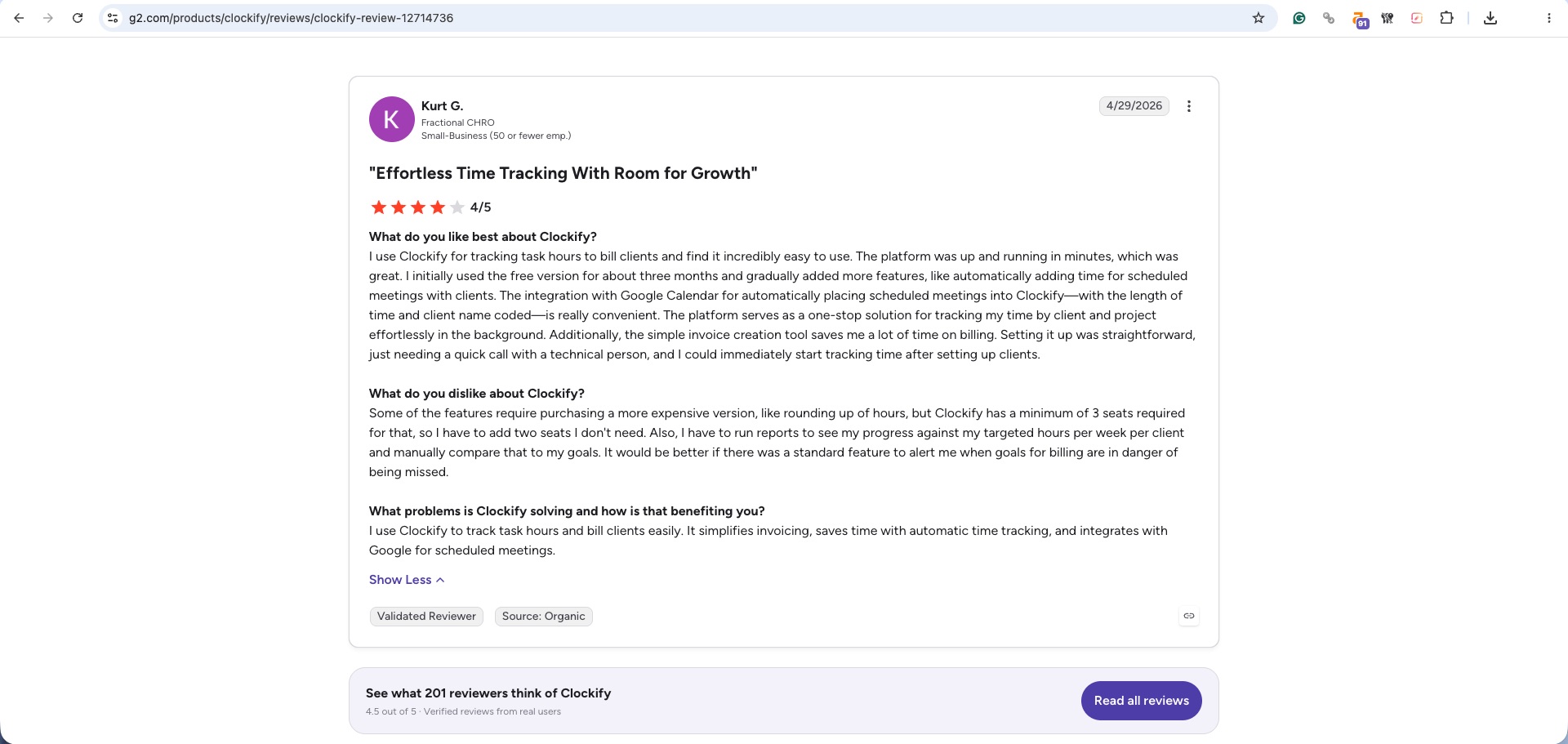 a screenshot of clockify review from G2