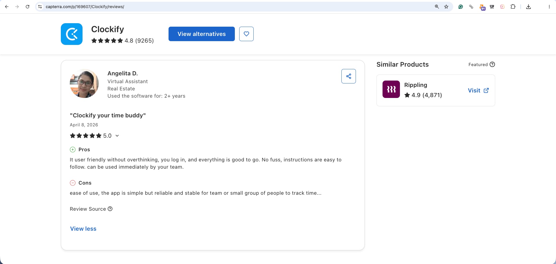 a screenshot of clockify review from Capterra