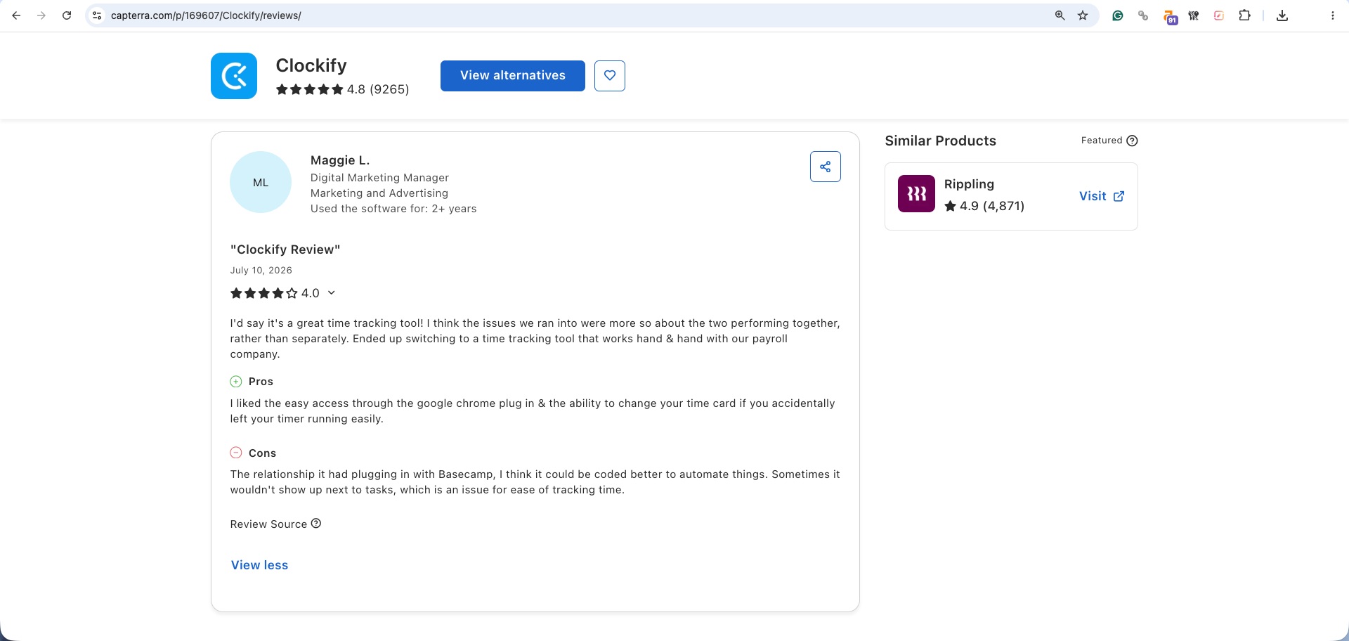 a screenshot of clockify review from Capterra