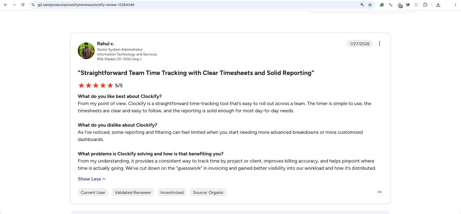 a screenshot of clockify review from G2