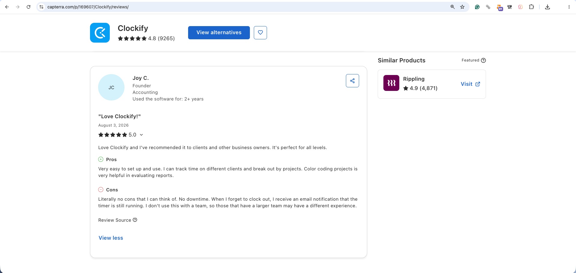 a screenshot of clockify review from Capterra