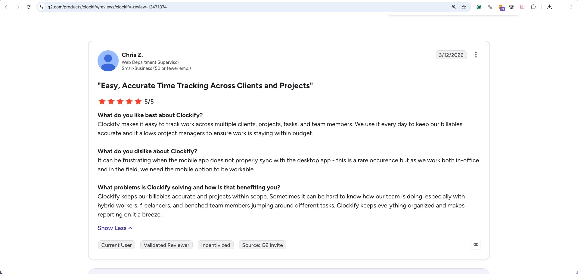 a screenshot of clockify review from G2
