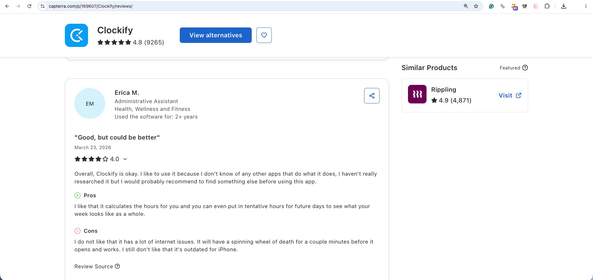 a screenshot of clockify review from G2