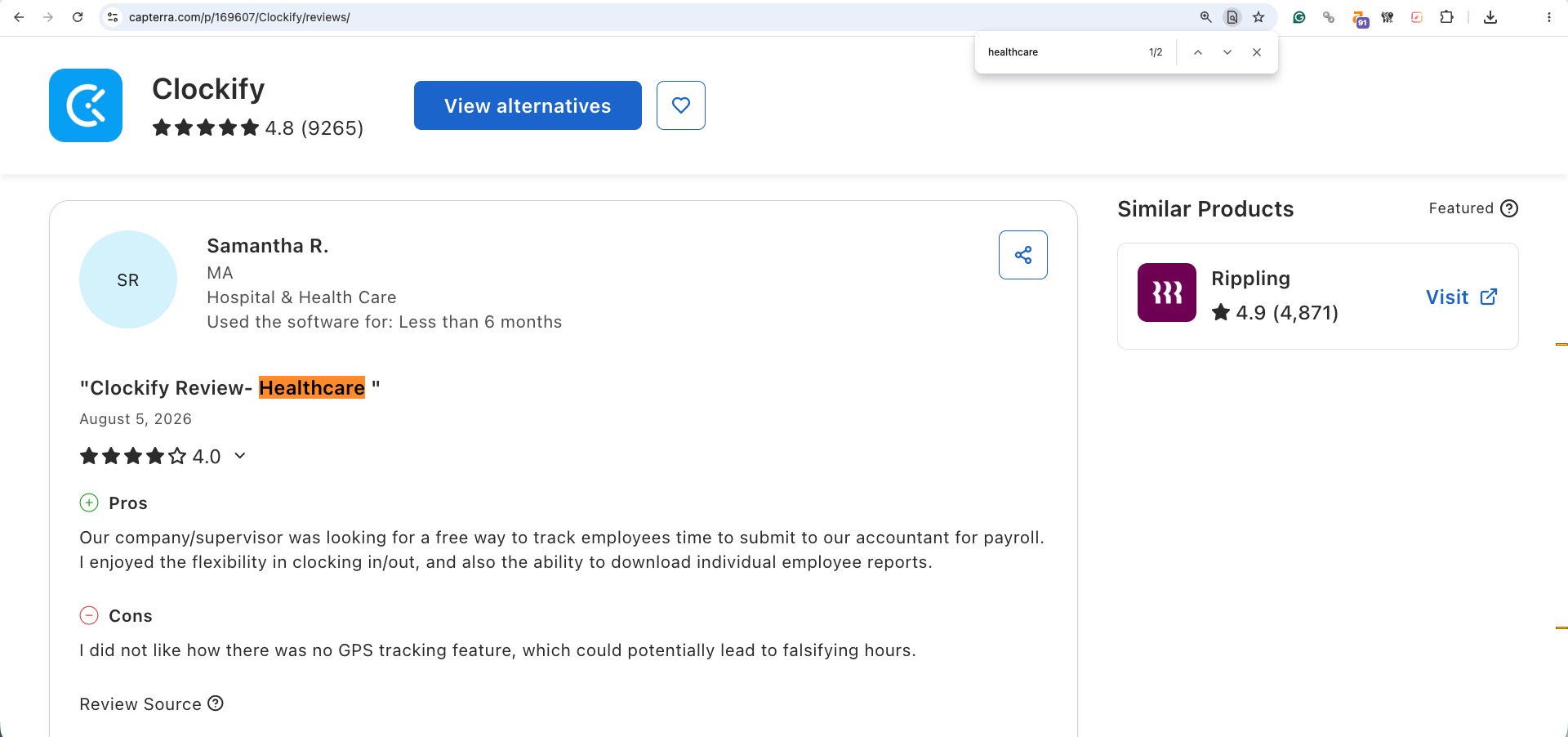 a screenshot of clockify review from G2