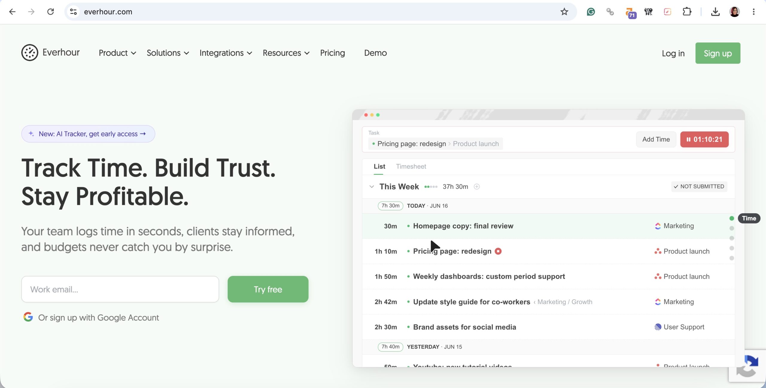 a screenshot of hero section of everhour homepage