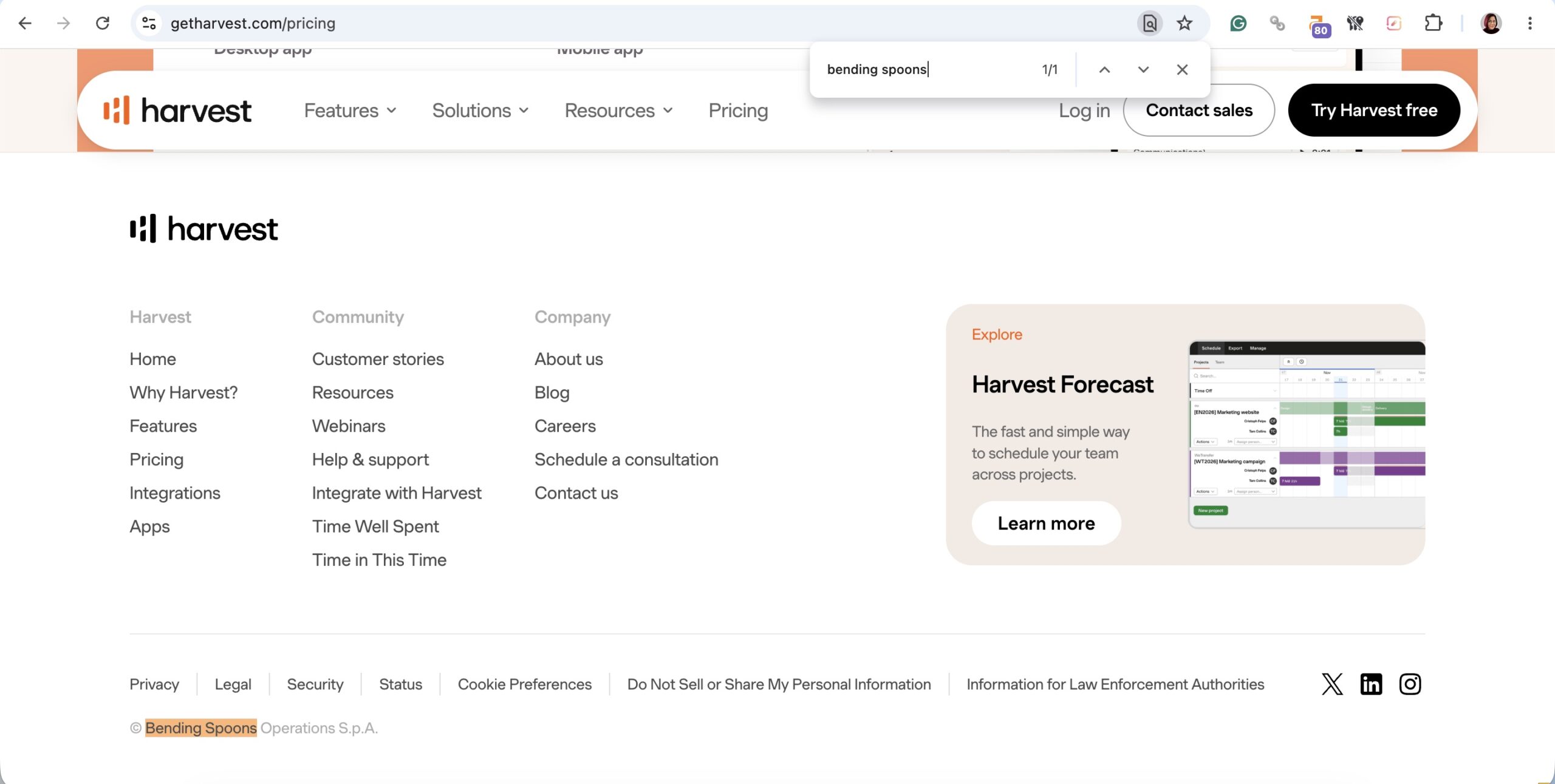 a screenshot of harvest website indicating bending spoons ownership