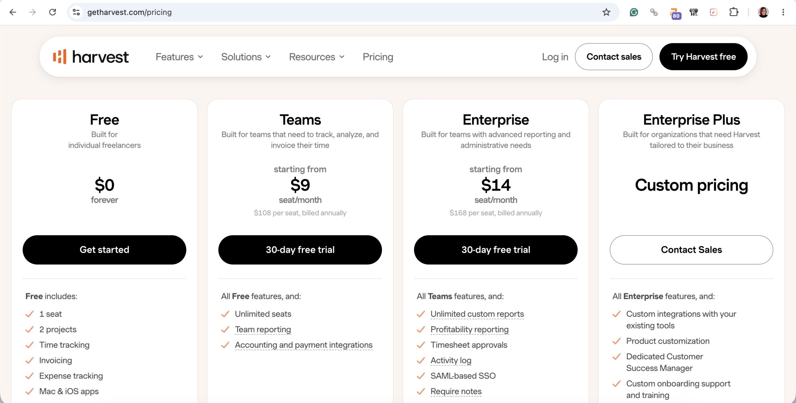 a screenshot of harvest pricing website september 2026