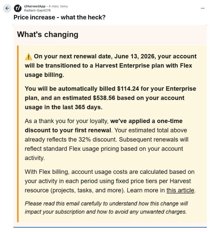 a screenshot of reddit post about harvest price increase 2026