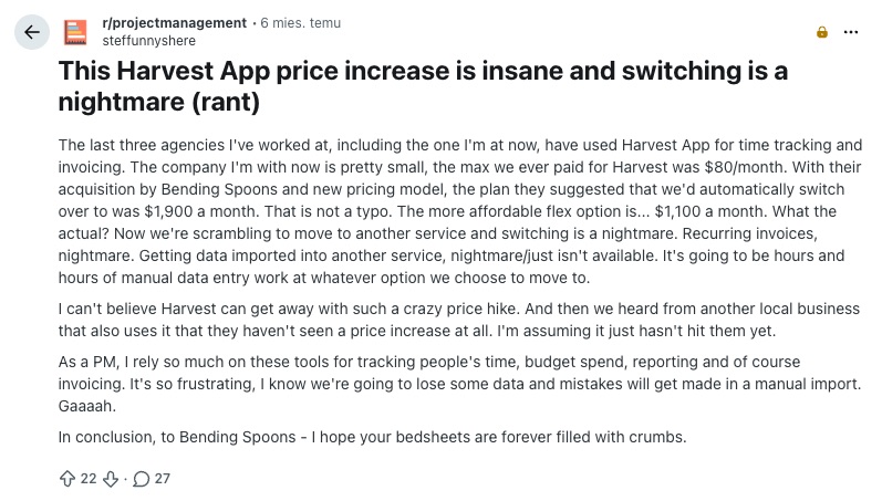 a screenshot of reddit post about harvest price increase 2026