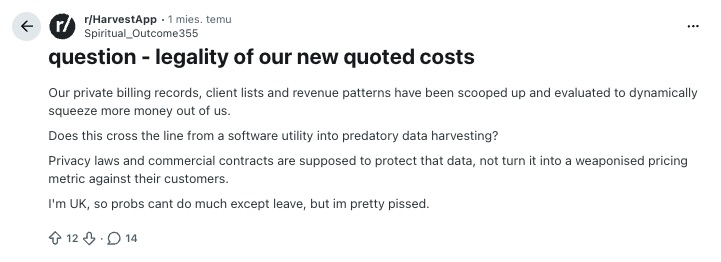 a screenshot of reddit post about harvest price increase 2026