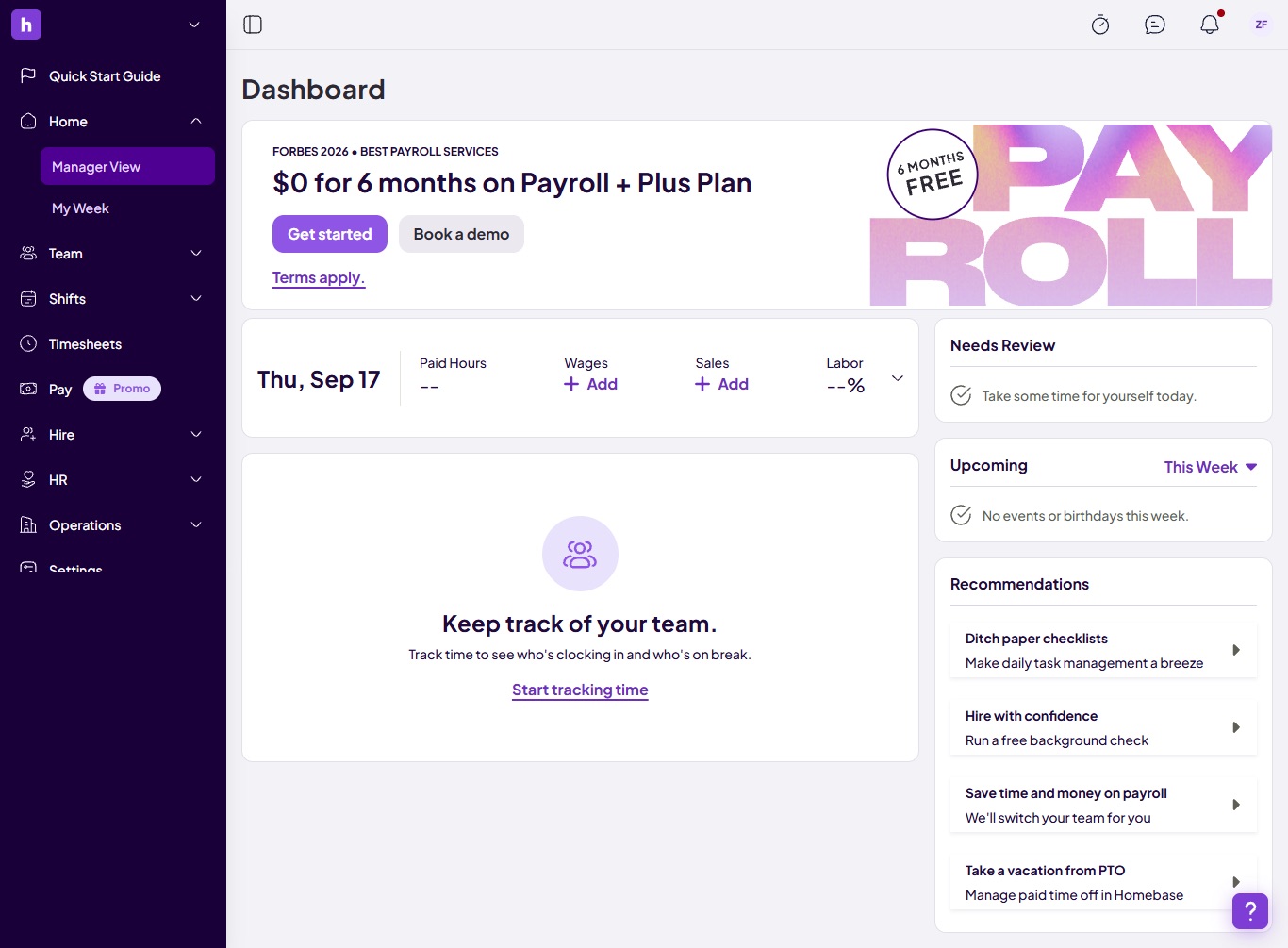 a screenshot of dashboard in homebase
