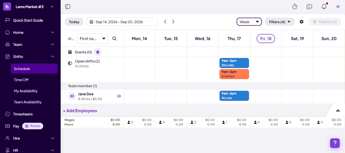 a screenshot of scheduling feature in homebase