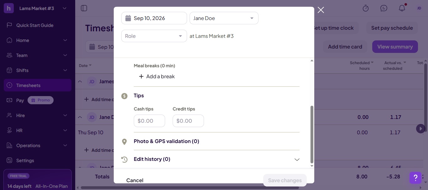 a screenshor of time card in homebase
