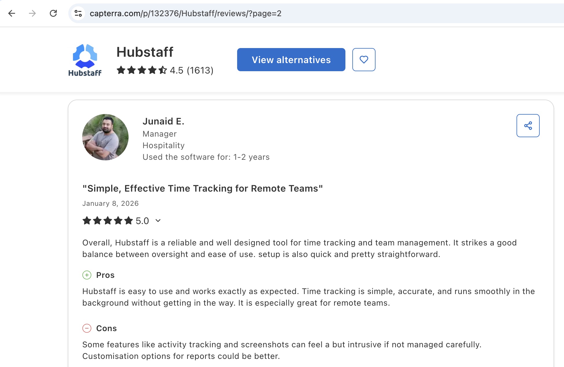 a screenshot of a less positive review of hubstaff from its capterra profile