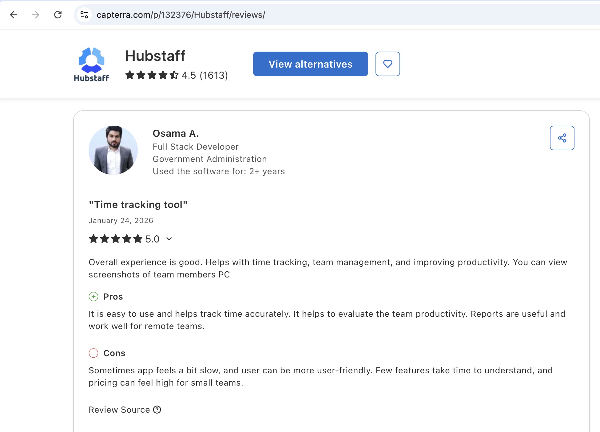 a screenshot of a positive review of hubstaff from its capterra profile