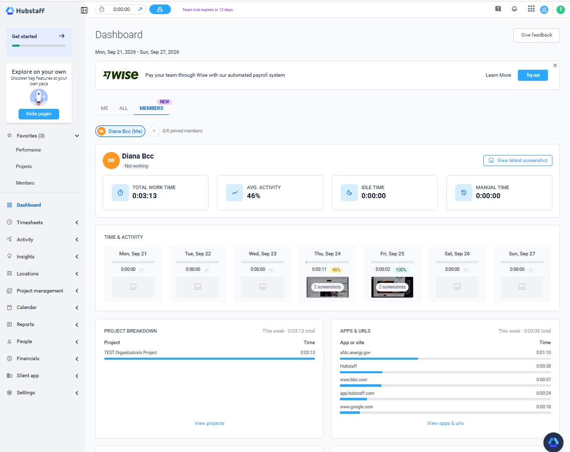 a screenshot of dashboard in hubstaff