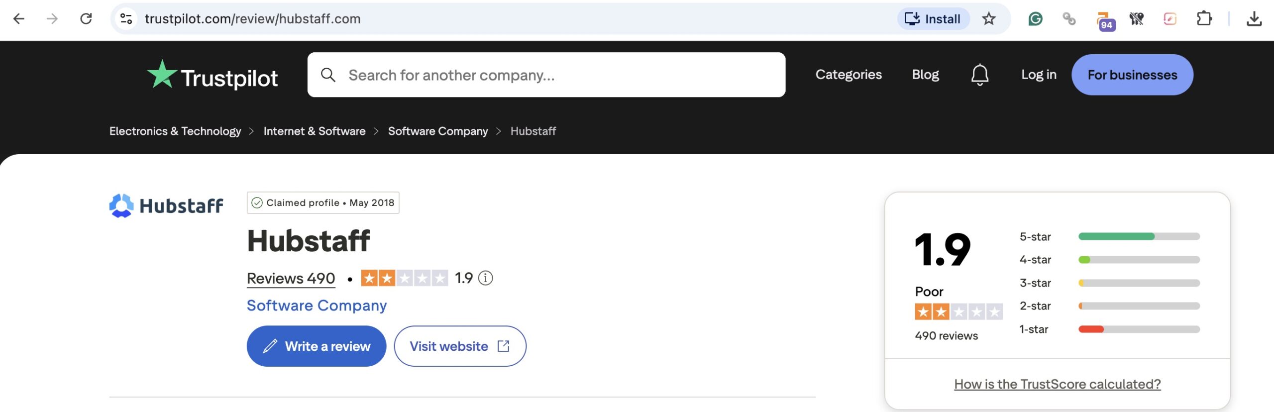 a screenshot of trustpilot profile of hubstaff