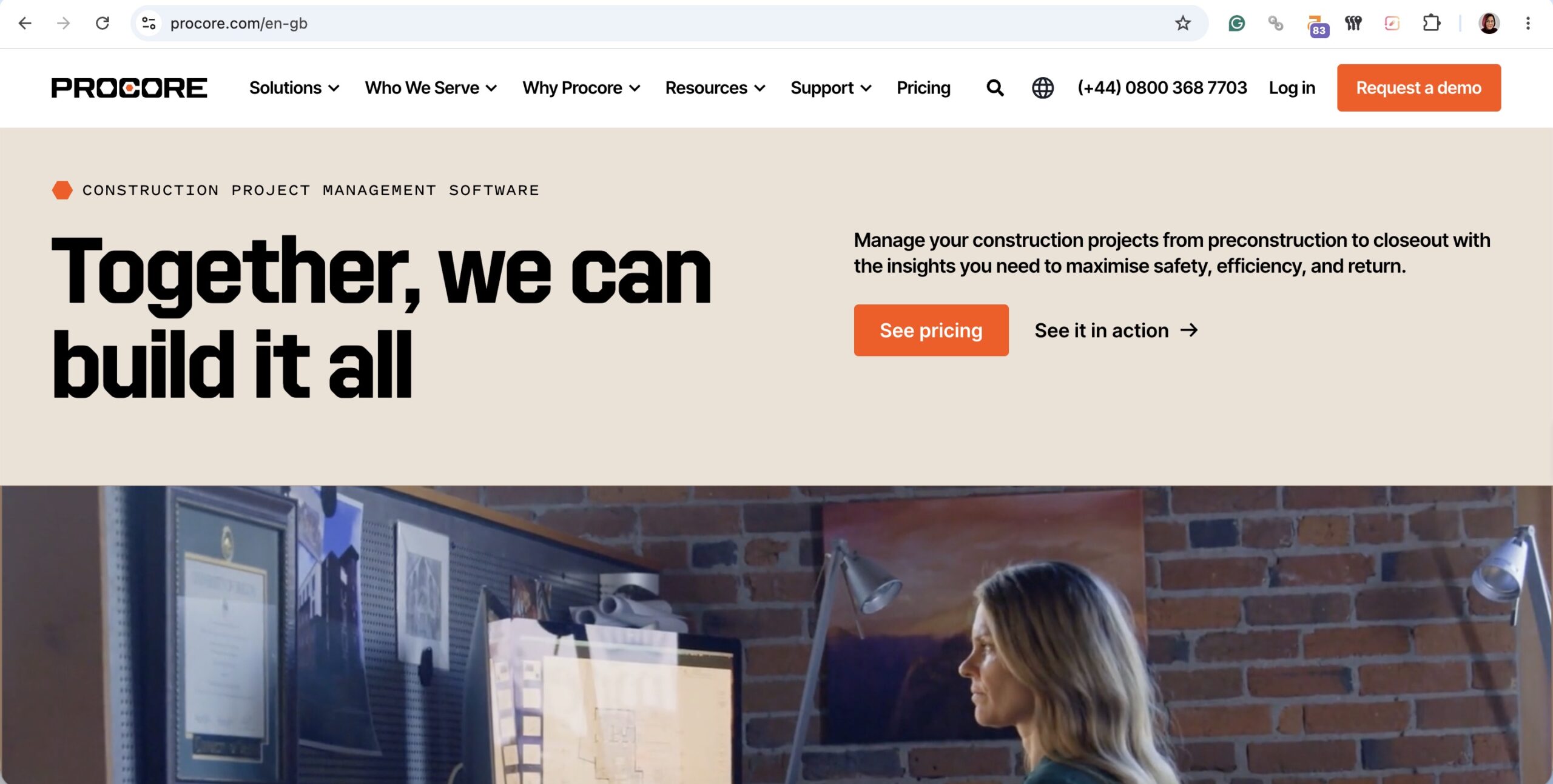 a screenshot of a hero section of procore website