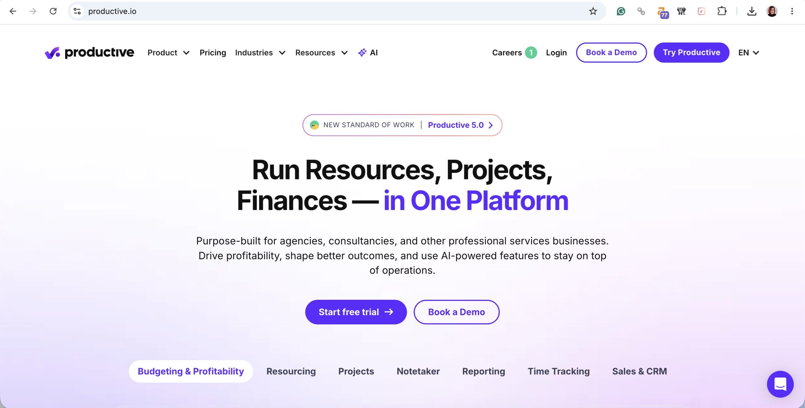 a screenshot of hero section of productive homepage