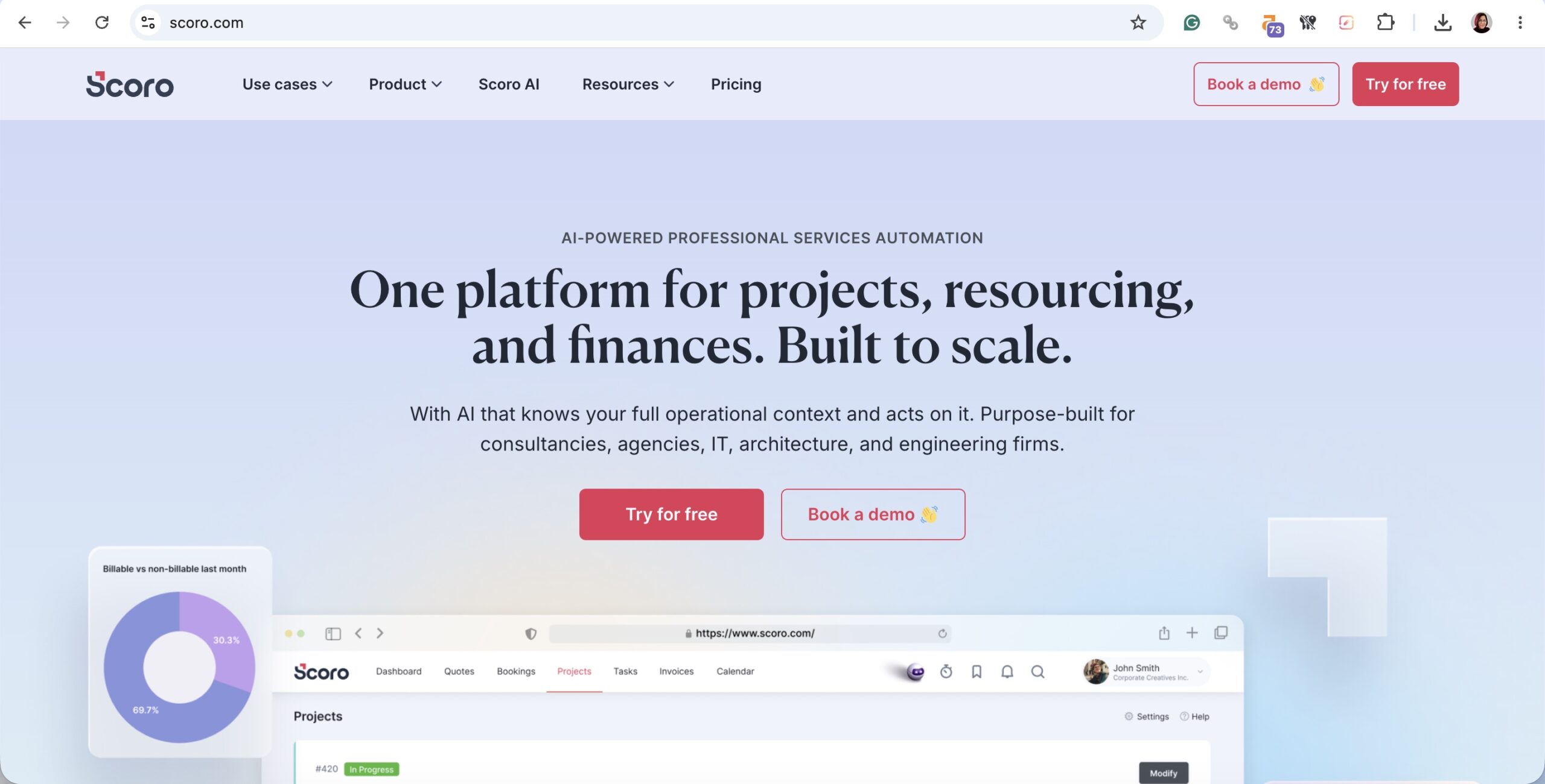 a screenshot of hero section of scoro homepage