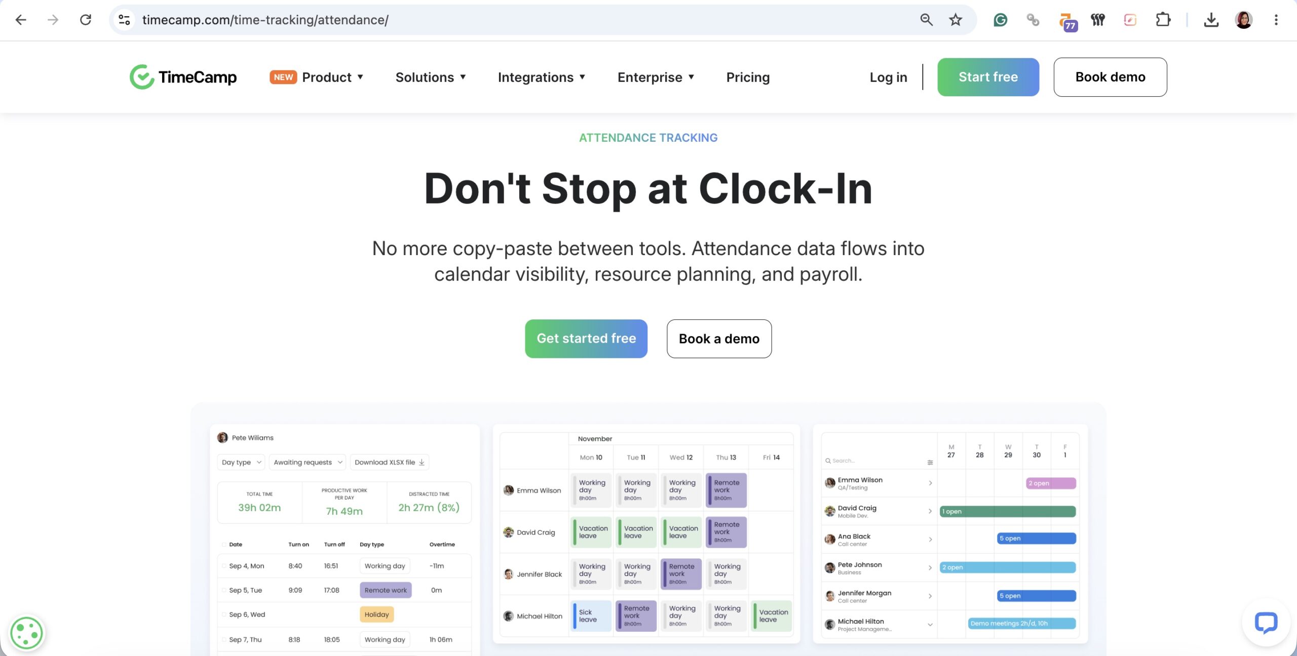 screenshot of hero section of timecamp attendance website for a blog post about time tracking software for construction companies