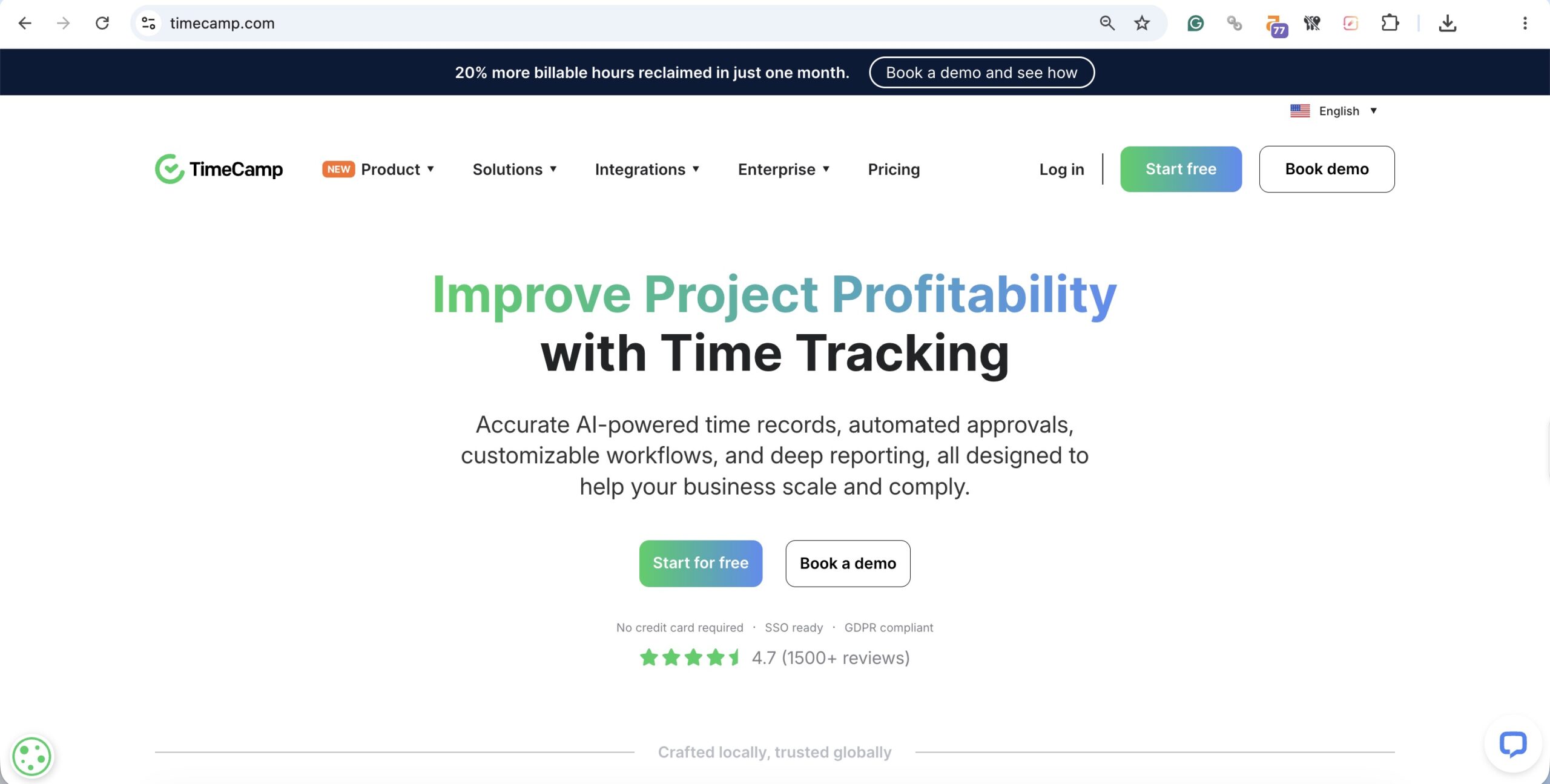a screenshot of hero section of timecamp homepage