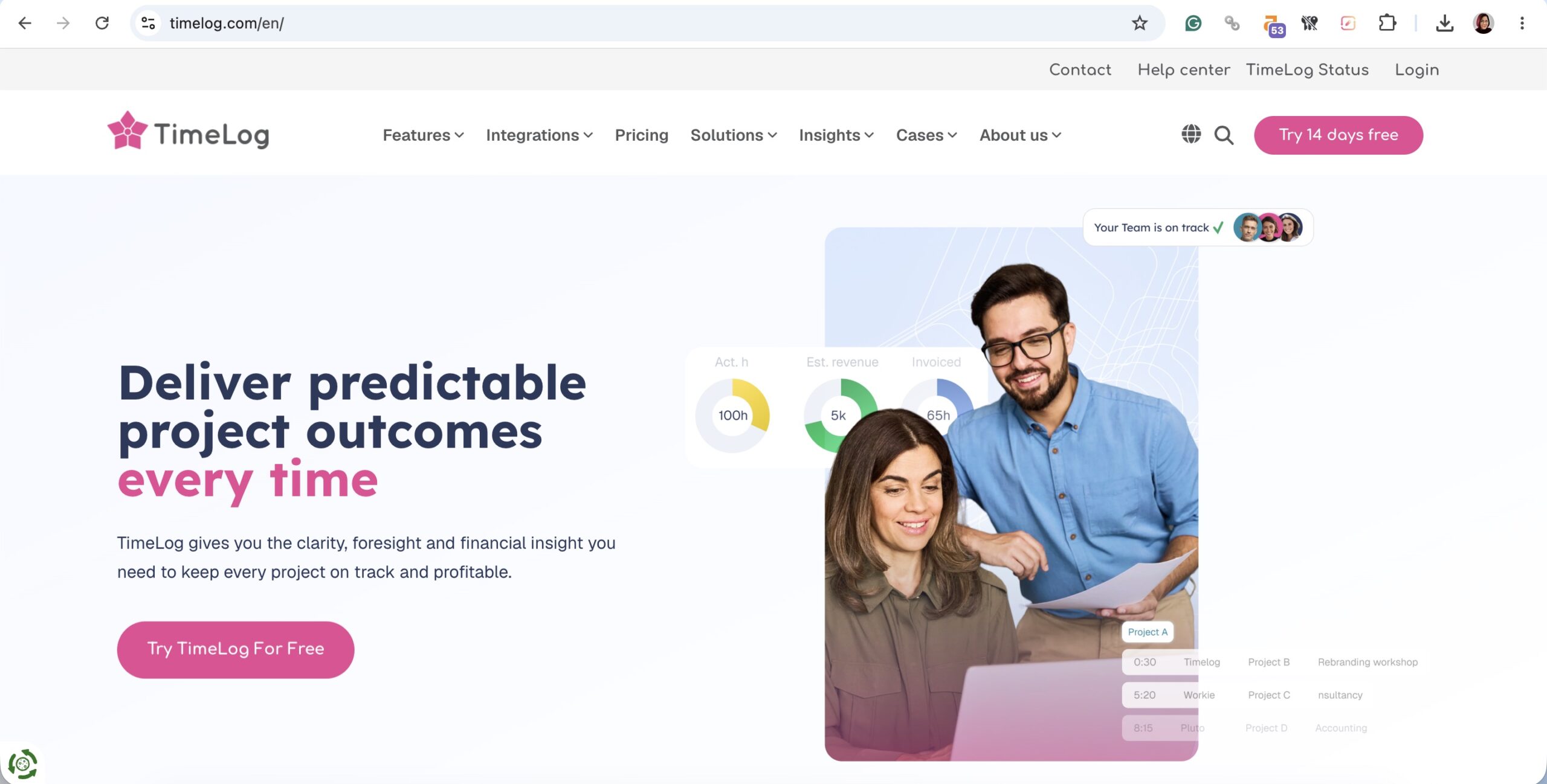 a screenshot of hero section of timelog homepage