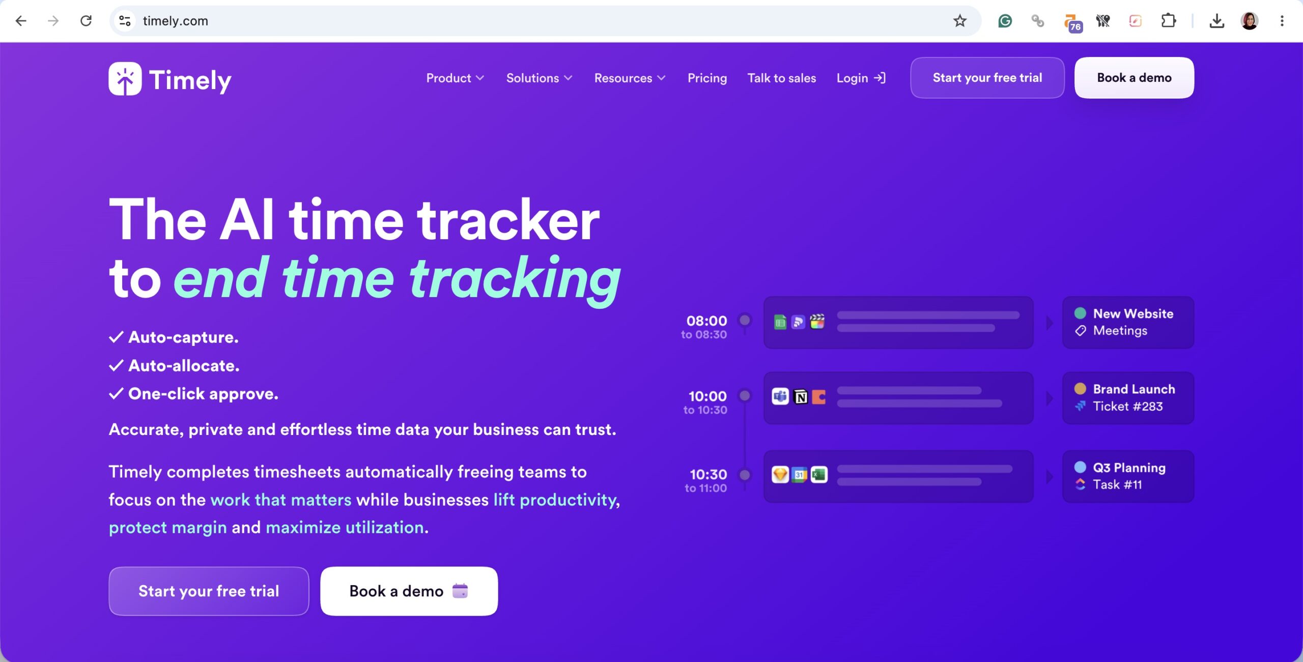 a screenshot of hero section of timely homepage