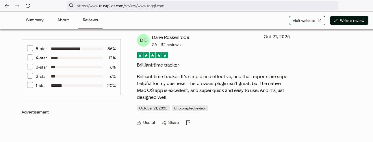 a screenshot of toggl track review from trustpilot