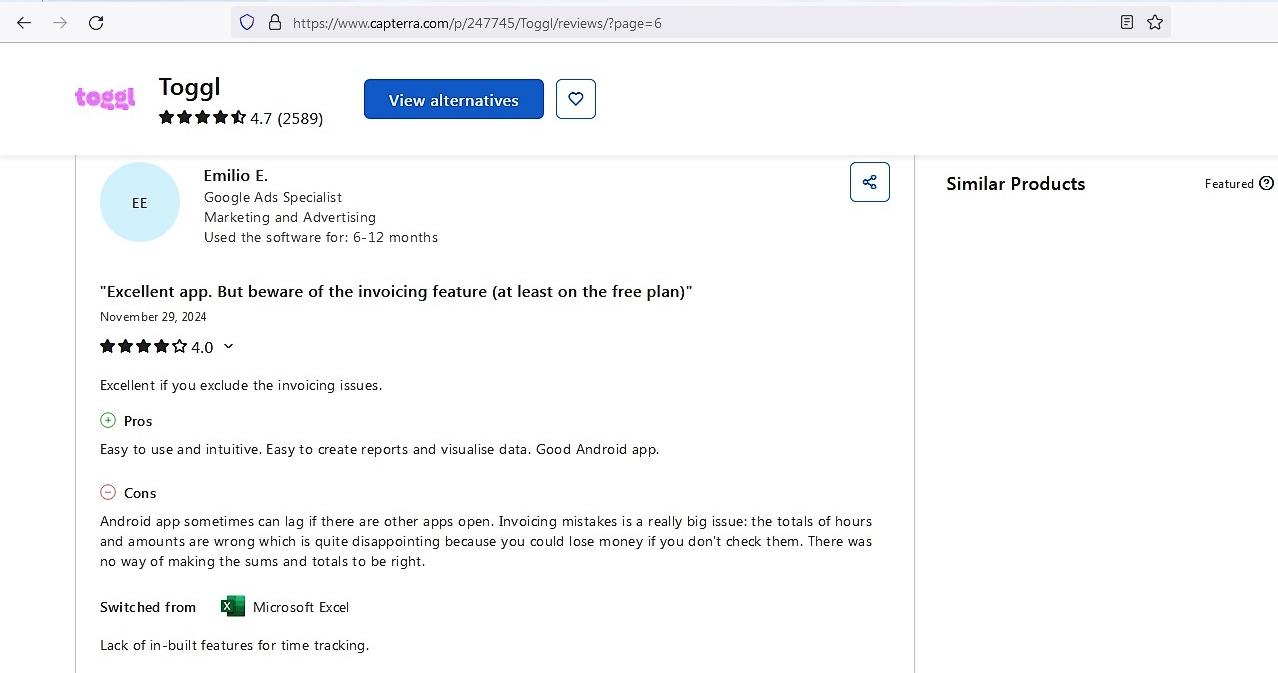a screenshot of toggl track review from Capterra