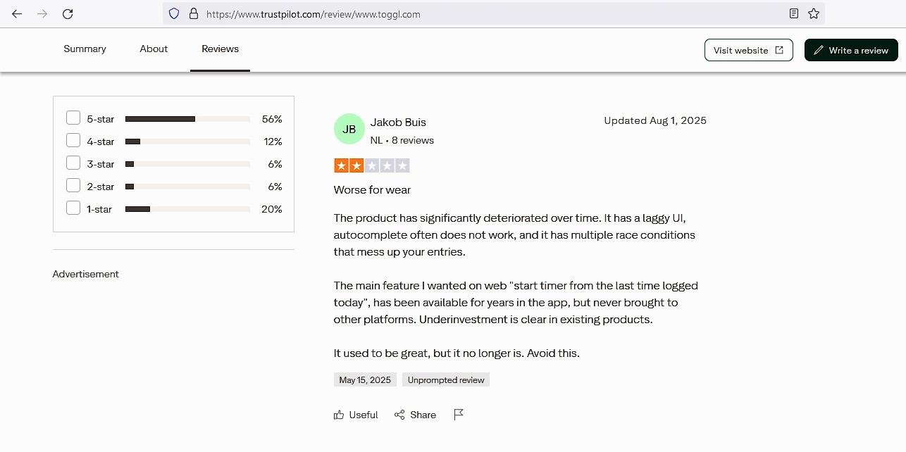 a screenshot of toggl track review from trustradius