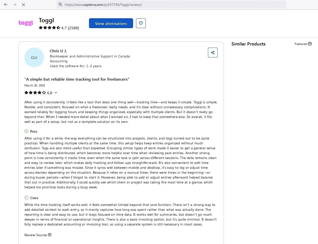 a screenshot of toggl track review from Capterra