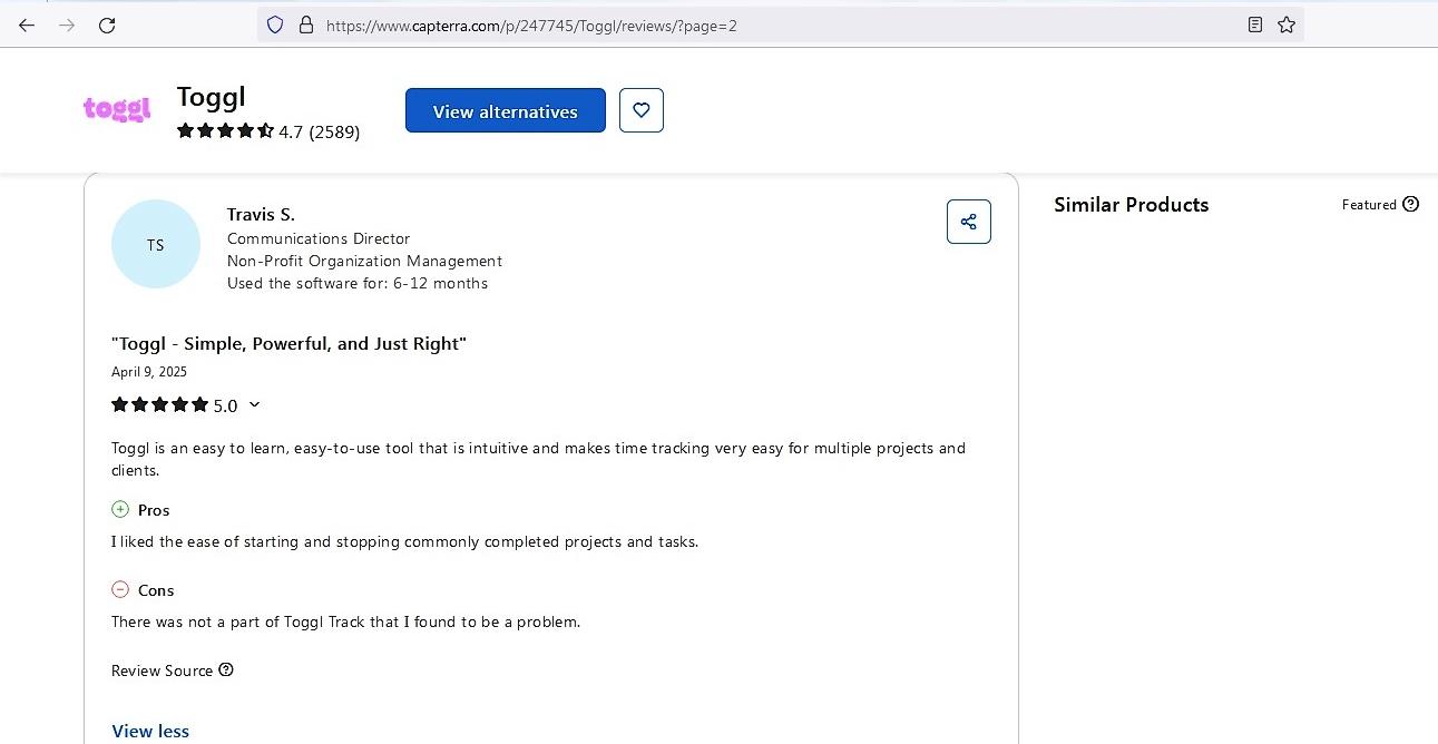 a screenshot of toggl track review from capterra