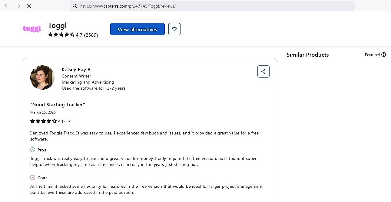 a screenshot of toggl track review from capterra