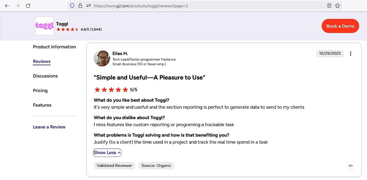 a screenshot of toggl track review from G2