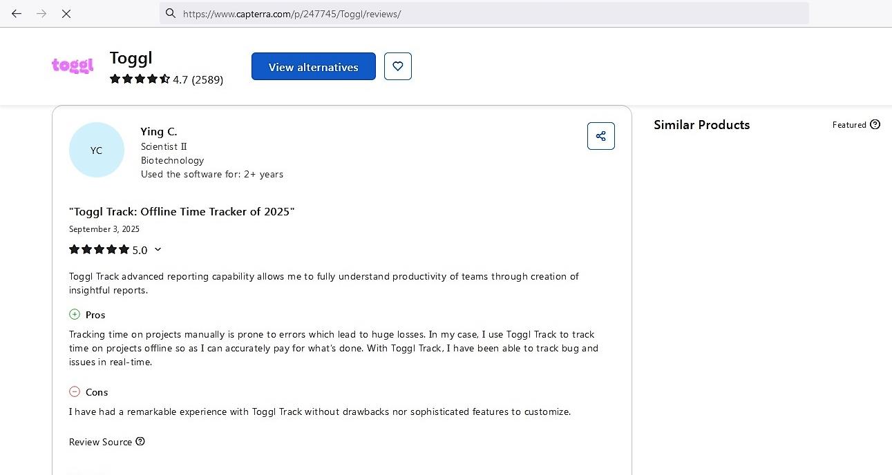 a screenshot of toggl track review from Capterra