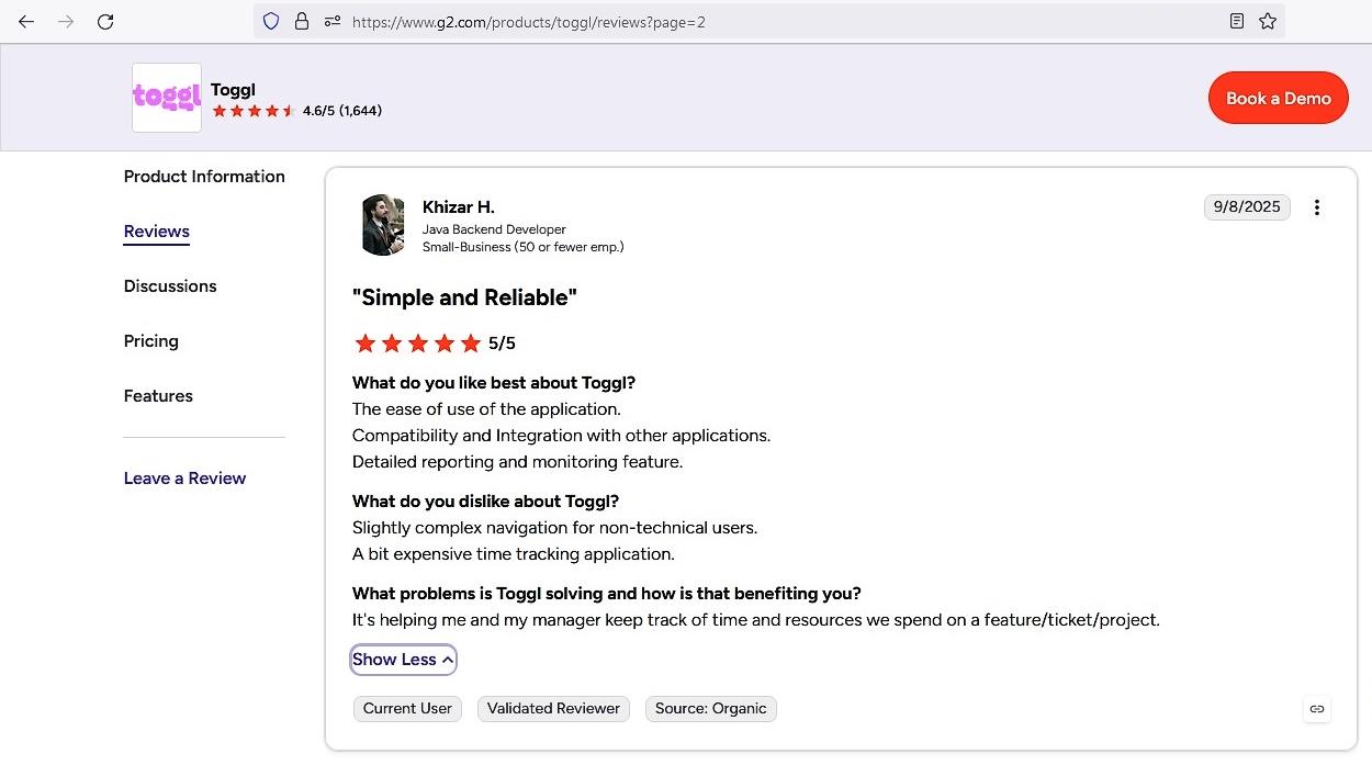 a screenshot of toggl track review from G2