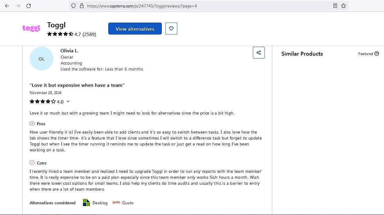 a screenshot of toggl track review from Capterra