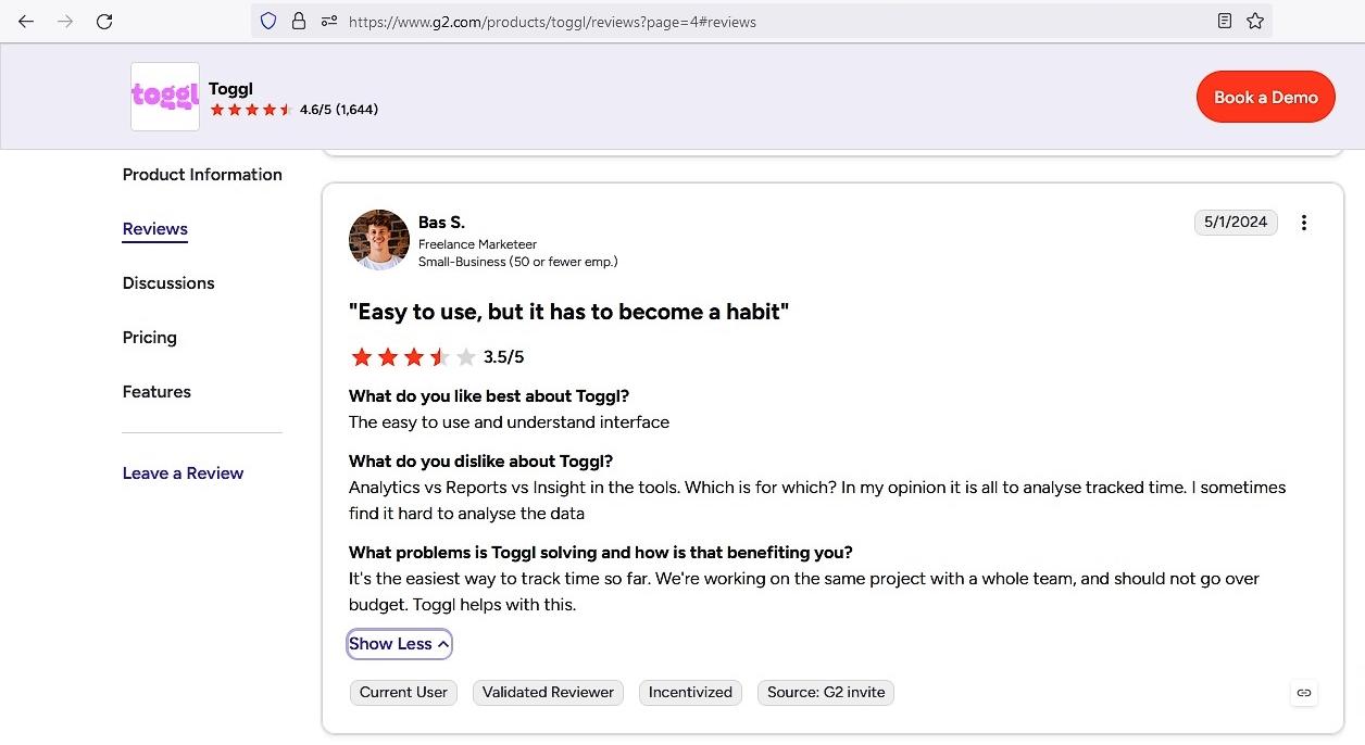 a screenshot of toggl track review from G2